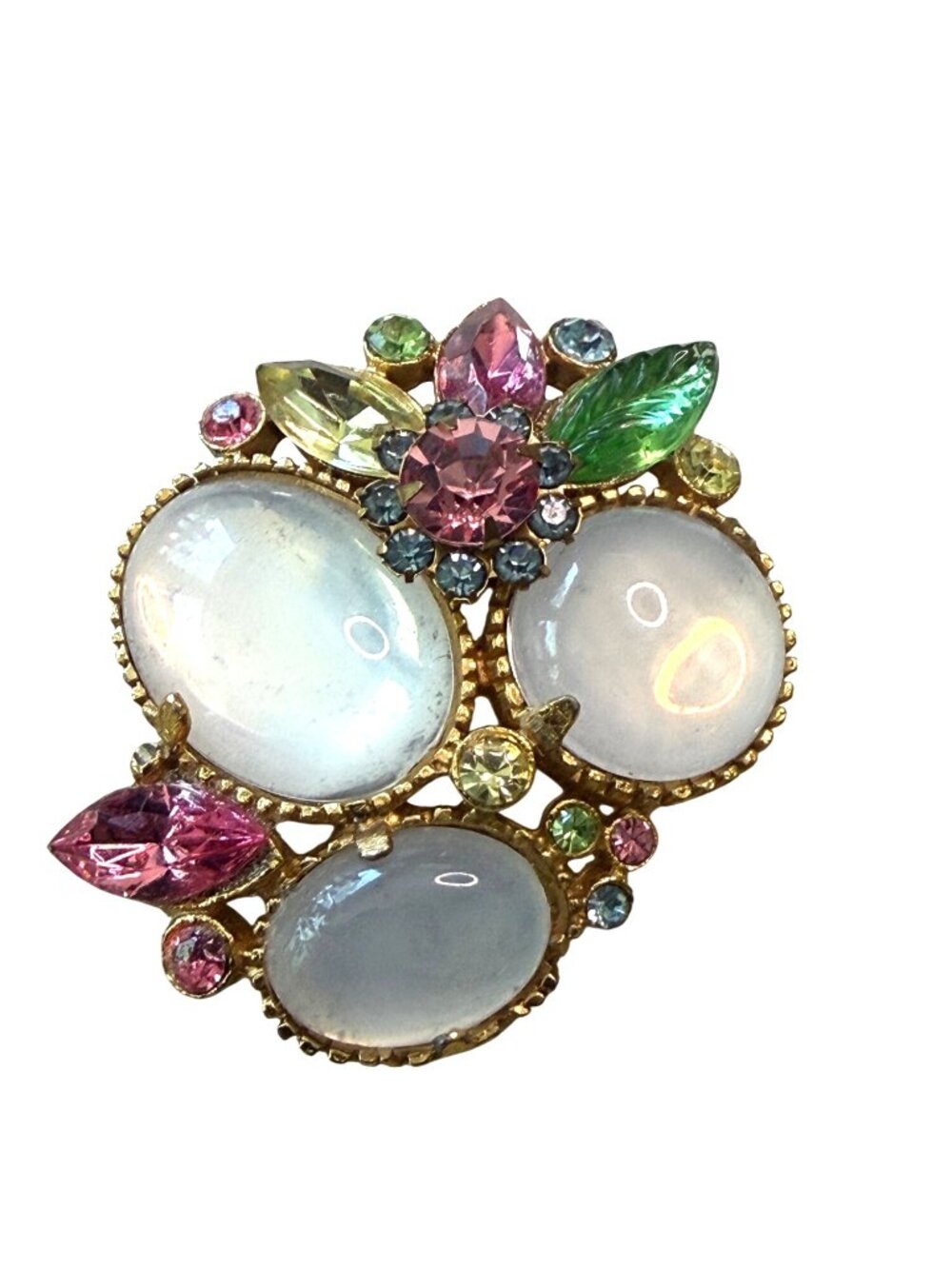 Vintage Gold-Tone Brooch With Colorful Rhinestones & Cabochons Floral Design